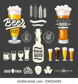 Vector Illustration with beer pub logo and labels. Simple symbols glass, bottle. Traditions of drink. Decorative elements for your design. Black white style.