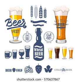 Vector Illustration with beer pub logo and labels. Simple symbols glass, bottle. Traditions of drink. Decorative elements for your design. Black white style.