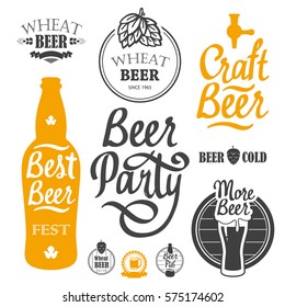 Vector Illustration with beer pub logo and labels. Simple symbols with glass and bottle. Oktoberfest traditions.. Decorative elements for your design. Black and white style.