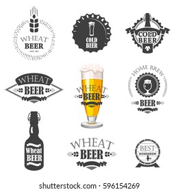 Vector Illustration with beer pub logo and labels. Simple symbols glass, bottle. Traditions of drink. Decorative elements for your design. Black white style.