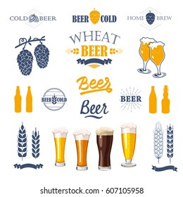 Vector Illustration with beer pub logo and labels. Simple symbols glass, bottle. Traditions of drink. Decorative elements for your design. Black white style.