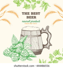 Vector illustration of beer. Raw material for brewing: branch of hops and barley. Pub menu. Beer set. wooden beer mug