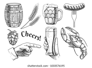 Vector illustration of a beer related objects icons. Barrel, hop, stein, sausage on fork, hand with glass, pointing finger, lobster, wheat. Hand drawn vintage engraving style good for pub menu design.