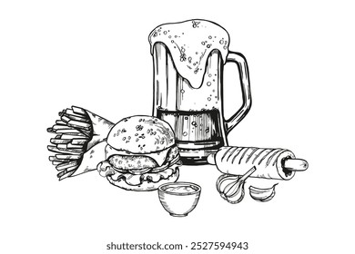 vector illustration of beer snacks, hand drawn composition with glass with beer and foam, hamburger, French fries, hot dog sausage, garlic, sauce, inked sketch for beer restaurant, pub, monochrome