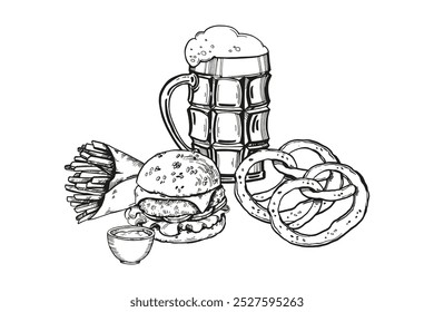 ilustração vetorial de snacks de cerveja, composição desenhada à mão com copos com cerveja e espuma, hambúrguer, pretzels, batatas fritas, molho, esboço de tinta para restaurante de cerveja, pub, modelo monocromático