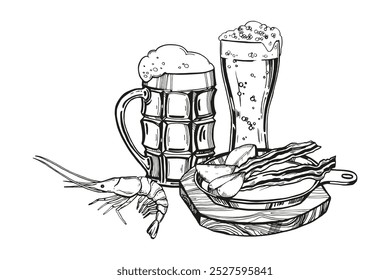 vector illustration of beer snacks, hand drawn composition with two glasses with beer and foam, iron frying pan with bacon and potato slices, shrimp, inked sketch for beer restaurant, pub, monochrome