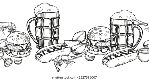 ilustração vetorial de snacks de cerveja, óculos de mesa desenhados à mão com cerveja e espuma, hambúrguer, fatias de batata, camarão, salsicha de cachorro-quente, esboço com tinta para restaurante de cerveja, pub, borda de modelo monocromático