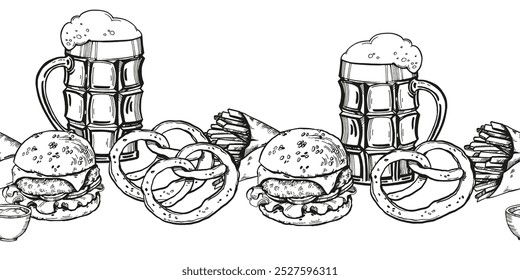 vector illustration of beer snacks, hand drawn board glasses with beer and foam, hamburger, potato slices, pretzel, French fries, inked sketch for beer restaurant, pub, monochrome template border