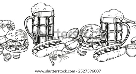 vector illustration of beer snacks, hand drawn board glasses with beer and foam, hamburger, potato slices, shrimp, hot dog sausage, inked sketch for beer restaurant, pub, monochrome template border