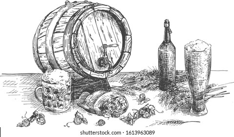 Vector illustration of beer still life. Barrel with tap, bottle, stein weizen glass, hops, wheat, mug. Vintage hand drawn style.