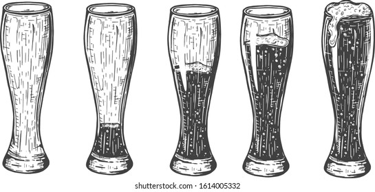 Vector illustration of beer in weizen glass set. Empty, a little bit, half, three quarters, full. Vintage hand drawn style.