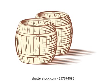 Ilustración vectorial de barriles de cerveza o de vino, aislados en fondo blanco 