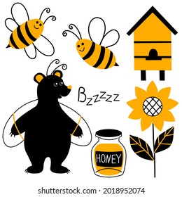 Vector illustration, bees, bear, beehive, sunflower, jar with honey. Set, clipart.