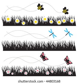 Vector illustration of bees, butterflies, and dragonflies flying over grass and flower field.