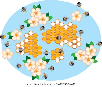 vector illustration, bees collecting nectar, bees filling honeycombs with honey, honeybees on a light blue background