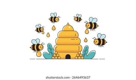 Vector illustration of bees flying around beehive with honey drops and leaves