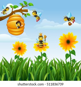 Vector illustration of Bees flying around the beehive in the garden