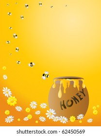 vector illustration of bees flying away from a jar of honey on orange background in eps10 format