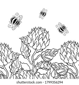 Vector illustration of bees are flying to flowers. Summer mood. Black and white illustration. Coloring book, postcard, card.