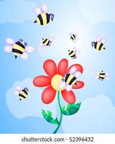 Vector illustration of bees flying near flower