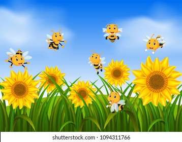 vector illustration of Bees flying in sunflower garden