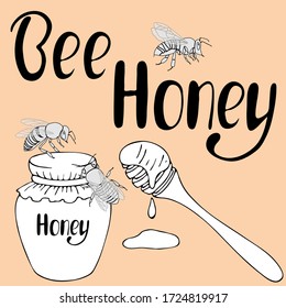 vector illustration, bees, honey and lettering, line drawing in black, isolate on light background