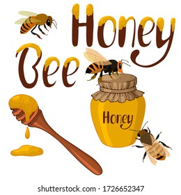 vector illustration, bees, honey and lettering, drawing in bright color, isolate on a white background