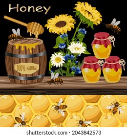 Vector illustration with bees and honey.Barrel and jars with honey, flowers and bees on a black background in vector illustration.