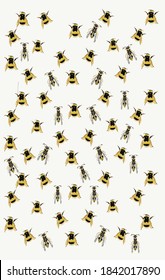 Vector illustration of Bees. Vector repeating wallpaper with bees. Suitable for posts, gift wrap paper, cards, invitations, banners design and web/internet ads. Vector illustration of bumblebees.