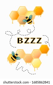 Vector illustration. Bees with shadows and gradient honeycomb. Decor of dotted line and text "bzzz". Great for room decor, postcards, decoration, greeting cards. 