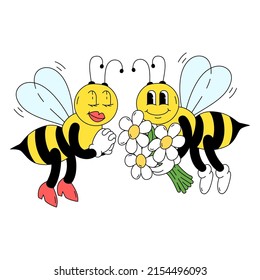 Vector illustration of bees in traditional cartoon style. Bugs on a romantic date. Childish drawing for print, poster, sticker, greeting card