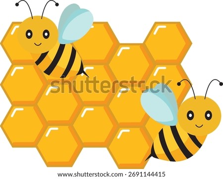 Vector illustration of bees working around their honeycomb hive. Bright flat style, perfect for eco posters, nature themes, or honey product branding.