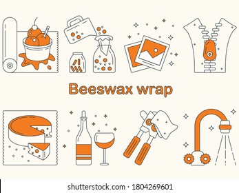 Vector illustration for beeswax wrap in the kitchen, ice cream, 
jar, container, photo, zipper, cheese, a bottle of wine, opener,  water stain