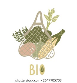 Vector illustration of beet, corn and broccoli inside a reusable mesh market bag. Plastic‑free shopping graphic for sustainable food, packaging, and eco‑friendly projects.