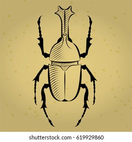 vector illustration. Beetle Rhino, etching, hatching