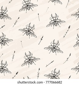 Vector illustration. Beetle seamless pattern on craft paper texture. Pen style vector sketch.