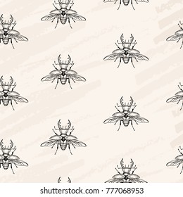 Vector illustration. Beetle seamless pattern on craft paper texture. Pen style vector sketch.