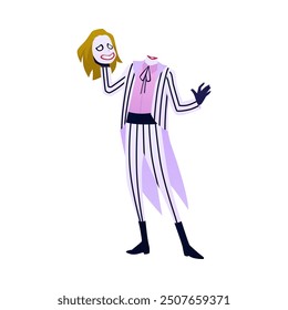 Vector illustration with beetlejuice holding his head in his hands in a striped suit on a white background. It is ideal for decorating Halloween-themed events.