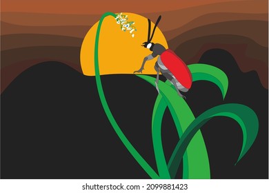 ilustración vectorial de escarabajos, pasto, montañas, cielo de puesta de sol
