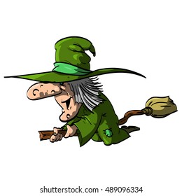 Vector illustration of a Befana or a Witch flying on a broomstick, with green clothes / robe