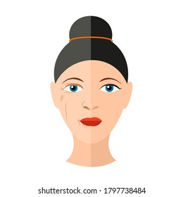 Vector illustration before and after face lifting Isolated image with two halves of female face with wrinkles and without they