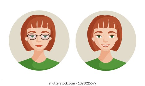 Vector illustration before and after. The girl in glasses and in lenses. Change of appearance.