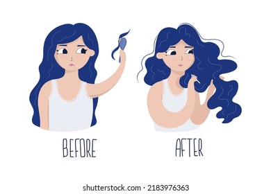 Vector illustration before and after hair care. Concept hair care routine. Hair Loss Treatment

