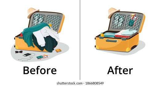 Vector illustration. Before and after packing things in travel suitcase.
A pile of clothes, scattered objects. Neat packing of luggage.