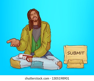 Vector illustration of beggar, homeless poor African guy with box for alms, handout. Unemployed street bum isolated on blue background. Dirty man with cracks, holes in clothes. Social problem concept