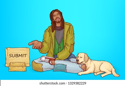 Vector illustration of beggar, homeless poor African guy with dog, animal pet. Street bum begs for money, isolated on blue background. Dirty man with cracks, holes in clothes. Social problem concept