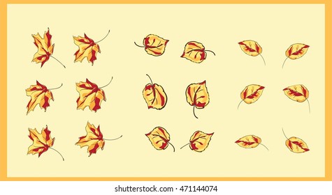 Vector illustration for begining of autumn. Illustration of yellow red leaves on beige backgraund.