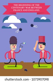 Vector Illustration. The beginning of the centenary war between France and England. Men in uniforms run towards each other. In the hand of one tea bag, another baguette.