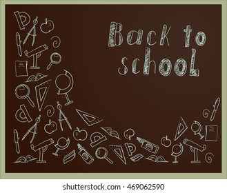 Vector illustration for beginning of new school year. Brown background with hand drawn school supplies in light blue color. Lettering back to school.