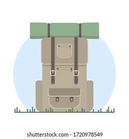 Vector illustration of a beiege hiking backpack with a green mat on. Light blue background. Flat graphics.